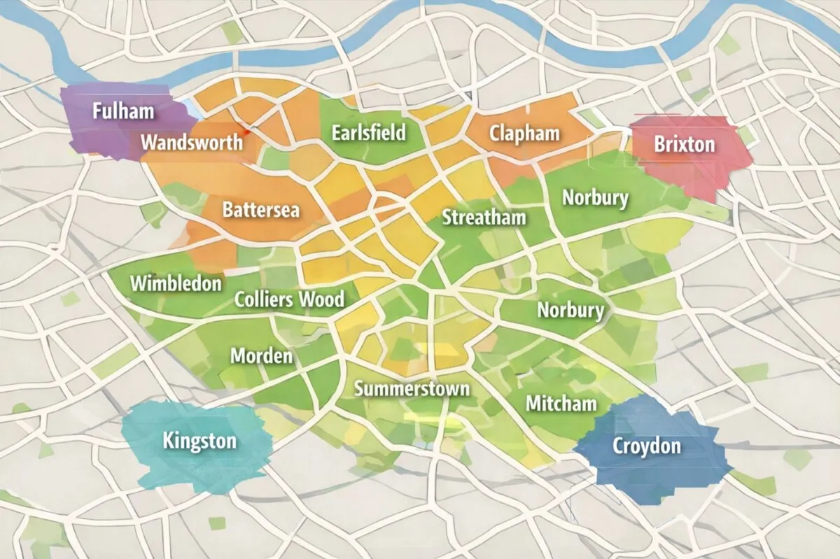 SPEC Property Maintenance service area map covering South West London including Tooting, Streatham, Balham, Wandsworth, Clapham, Wimbledon, Battersea, Putney, Brixton, and Croydon